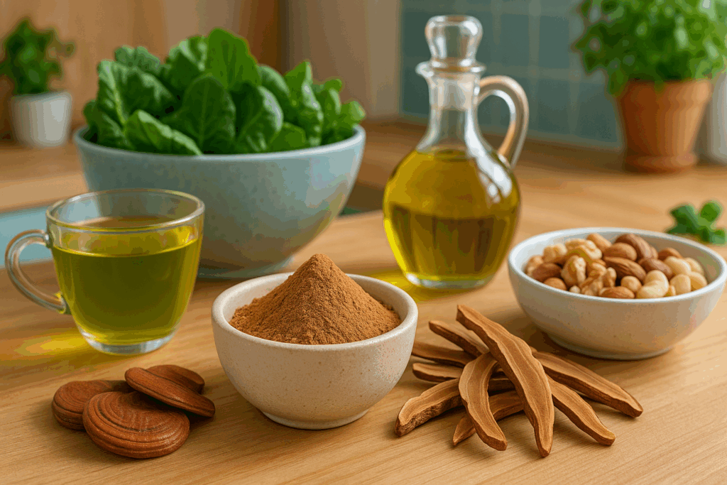 Health-focused kitchen scene with reishi mushroom for fatty liver, showing powder, dried slices, green tea, olive oil, leafy greens, and nuts.