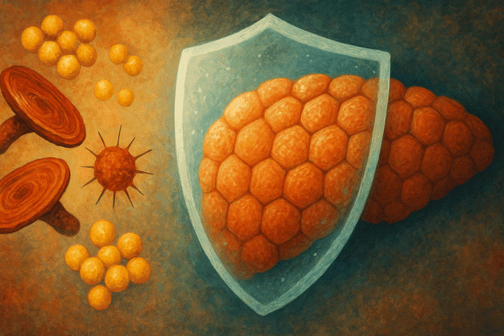 Conceptual illustration showing reishi mushroom for fatty liver protection, with shielded liver cells resisting oxidative stress and fat buildup.