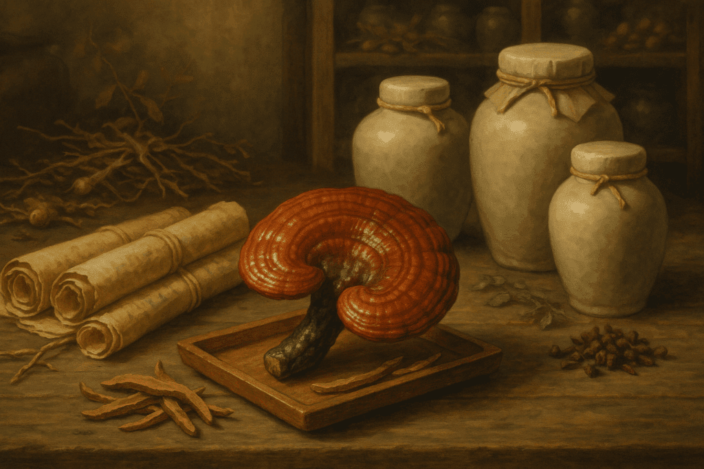 Traditional Chinese apothecary scene featuring a reishi mushroom for fatty liver treatment, with scrolls, herbs, and ceramic jars on a wooden table.