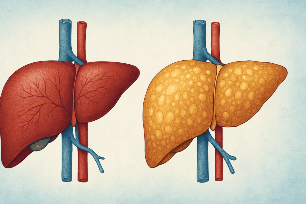 Side-by-side medical illustration of a healthy liver and a fatty liver, supporting content on using reishi mushroom for fatty liver.