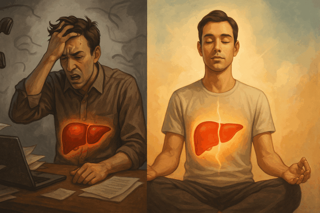 Man under stress contrasted with meditative pose, both linked by glowing liver to illustrate benefits of reishi mushroom for fatty liver.