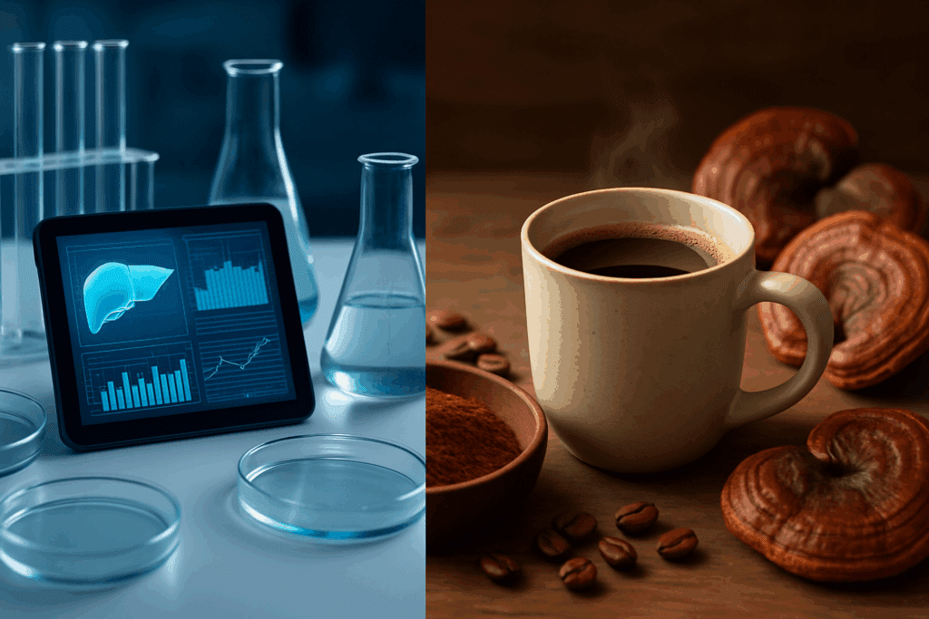 Split image showing a lab setup with liver health data and a cozy coffee scene with reishi mushrooms, illustrating research on is mushroom coffee good for your liver.