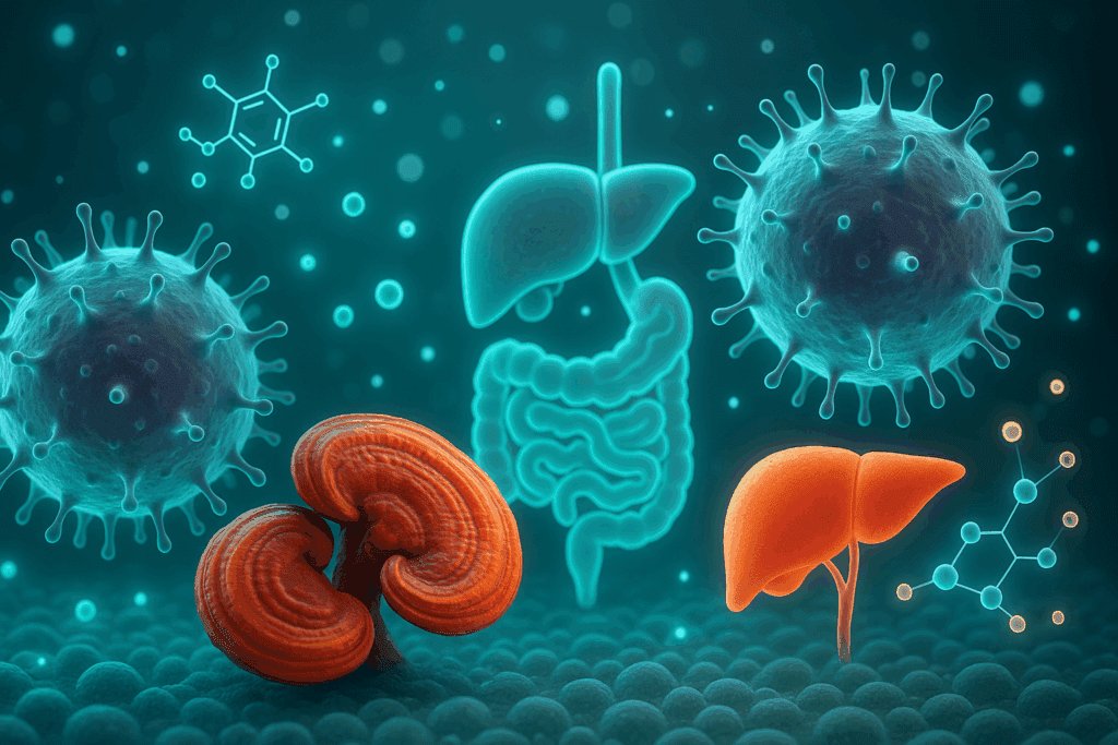 3D scientific illustration of reishi mushrooms interacting with immune cells, gut, and liver in a glowing microenvironment, exploring is mushroom coffee good for your liver.