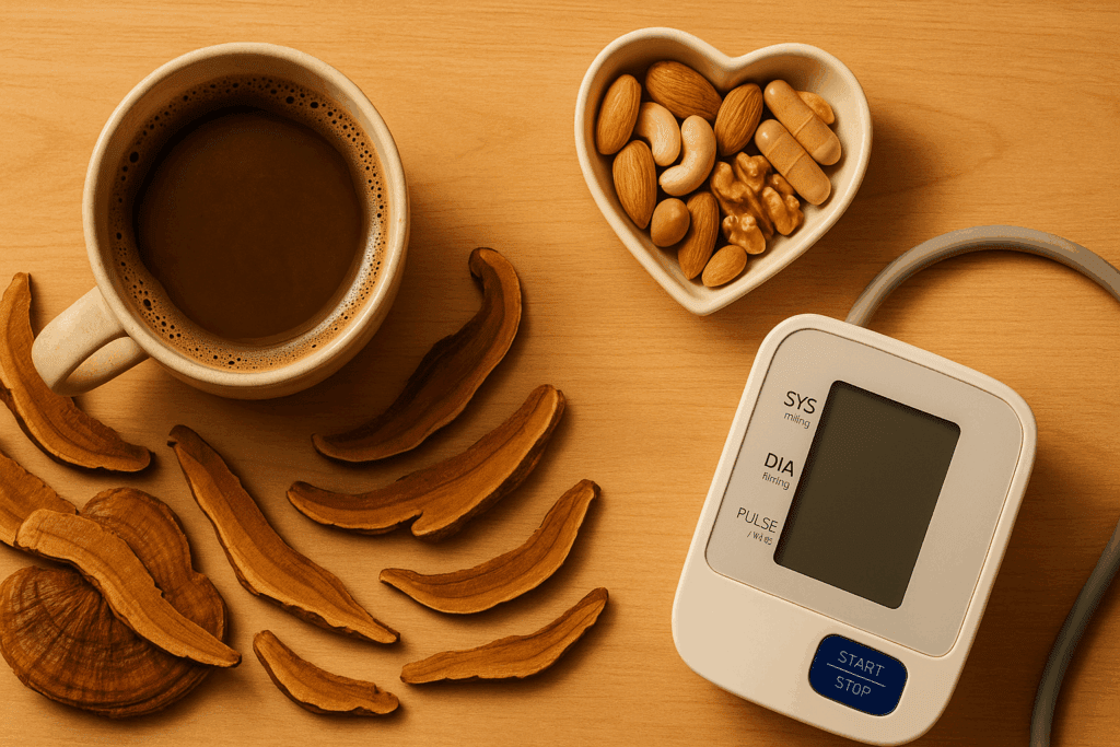 Cup of Reishi mushroom coffee beside a blood pressure monitor, heart-shaped dish of supplements, and mushroom slices suggesting is mushroom coffee good for your liver benefits