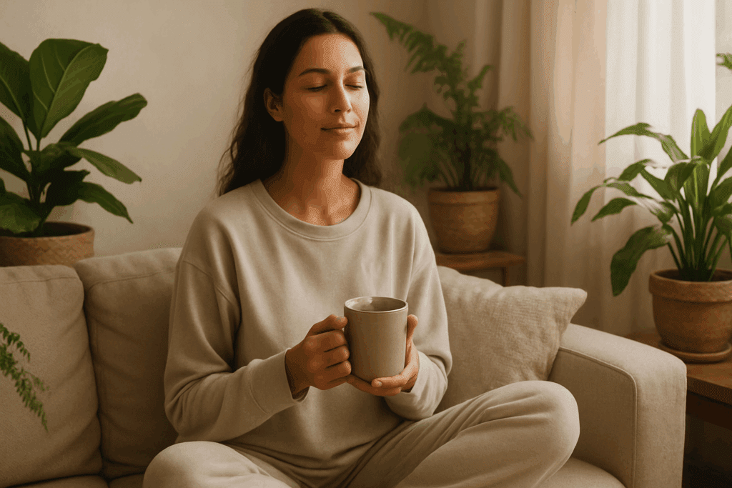 Woman practicing mindfulness with a steaming mug, illustrating a stress-free lifestyle while exploring if mushroom coffee is good for your liver.