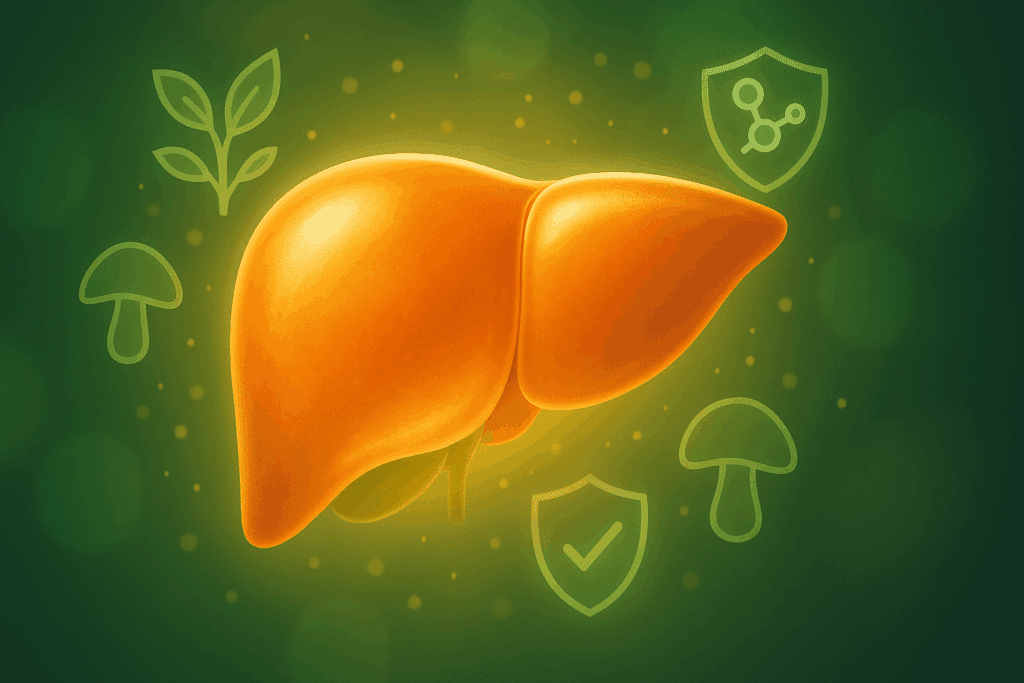 Healthy, glowing liver surrounded by herbal icons, antioxidants, and mushroom symbols representing detox support—answering is mushroom coffee good for your liver.