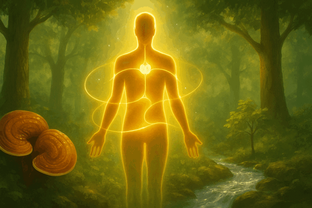 Glowing human silhouette in a forest with energy waves and reishi mushrooms, symbolizing reishi mushroom benefits for skin and holistic healing.