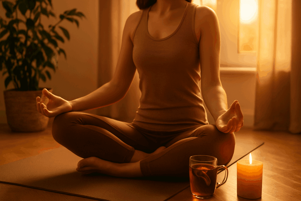 Woman meditating on a yoga mat beside reishi mushroom tea, candlelight, and plants, symbolizing reishi mushroom benefits for skin in stress-relief routines.