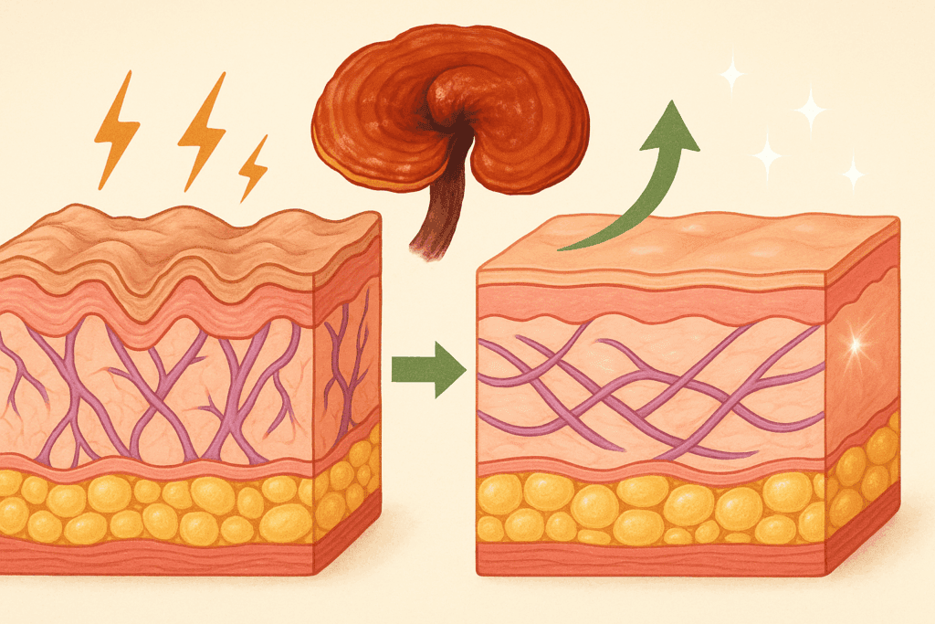 Side-by-side skin diagram showing reishi mushroom benefits for skin, including reduced wrinkles and improved collagen structure