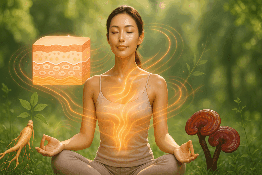 Radiant woman meditating outdoors with ginseng, glowing skin layers, and reishi mushrooms illustrating reishi mushroom benefits for skin