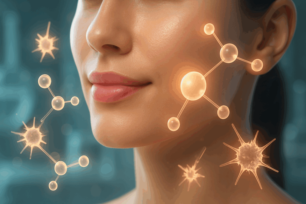 Glowing, youthful skin surrounded by antioxidant molecules neutralizing free radicals in a lab setting, symbolizing reishi mushroom benefits for skin
