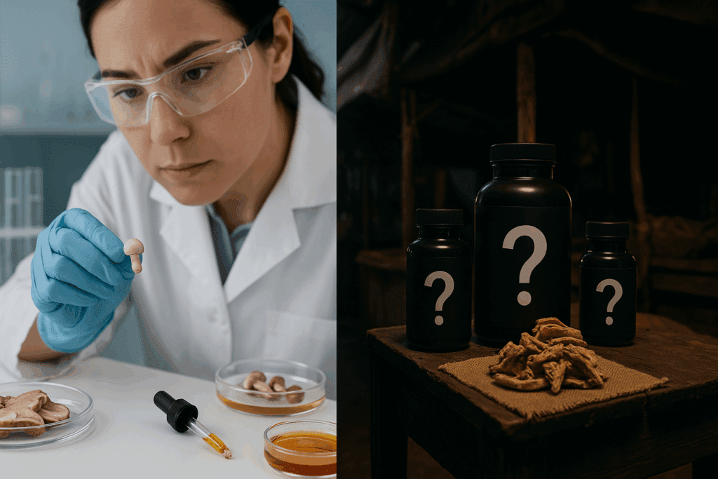 Scientist analyzing mushroom extracts in a lab contrasted with shady market stall selling questionable bottles, symbolizing best reishi mushroom supplement quality differences