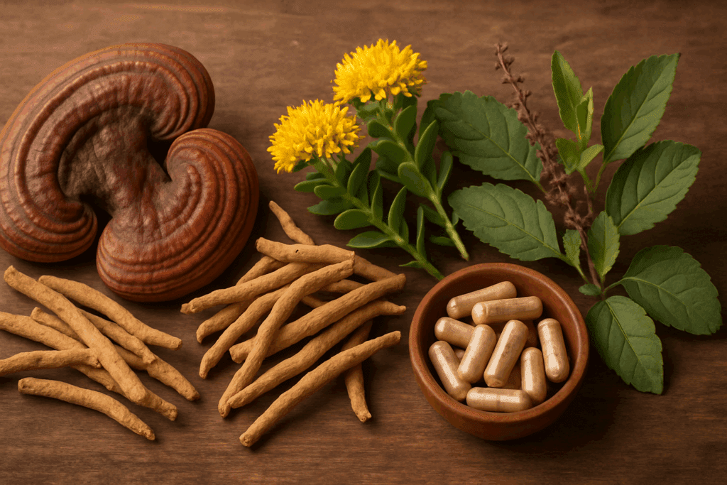 Rustic arrangement of adaptogenic herbs featuring reishi mushrooms, ashwagandha roots, rhodiola flowers, and holy basil leaves, symbolizing the best reishi mushroom supplement synergy.