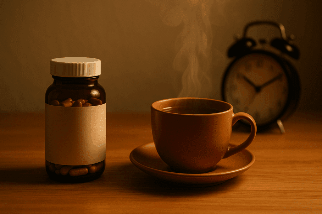 Bottle of best reishi mushroom supplement capsules beside a steaming cup of herbal tea on a wooden table with a vintage clock in warm evening light