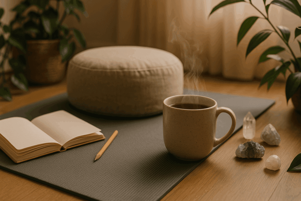 Serene reishi tea preparation scene with a steaming mug beside a journal, meditation cushion, yoga mat, crystals, and lush plants.