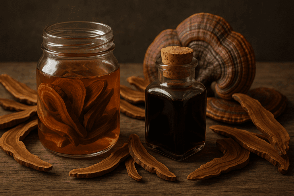 Two glass jars on a rustic table showcasing reishi tea preparation—one with a golden water-based decoction, the other with a dark tincture, surrounded by sliced mushrooms.