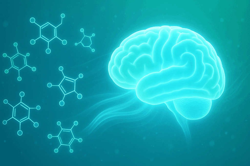 Serene brain illustration glowing with antioxidant molecules, symbolizing cognitive benefits of reishi tea preparation
