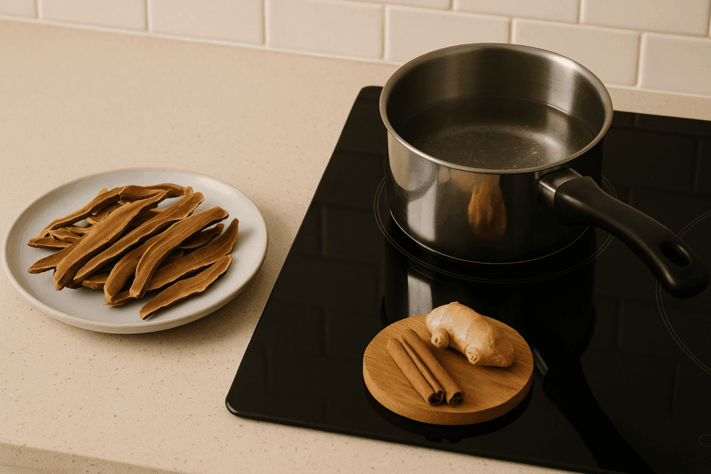 Cozy kitchen counter setup showing reishi tea preparation with dried reishi mushrooms, simmering water, ginger, and cinnamon sticks.
