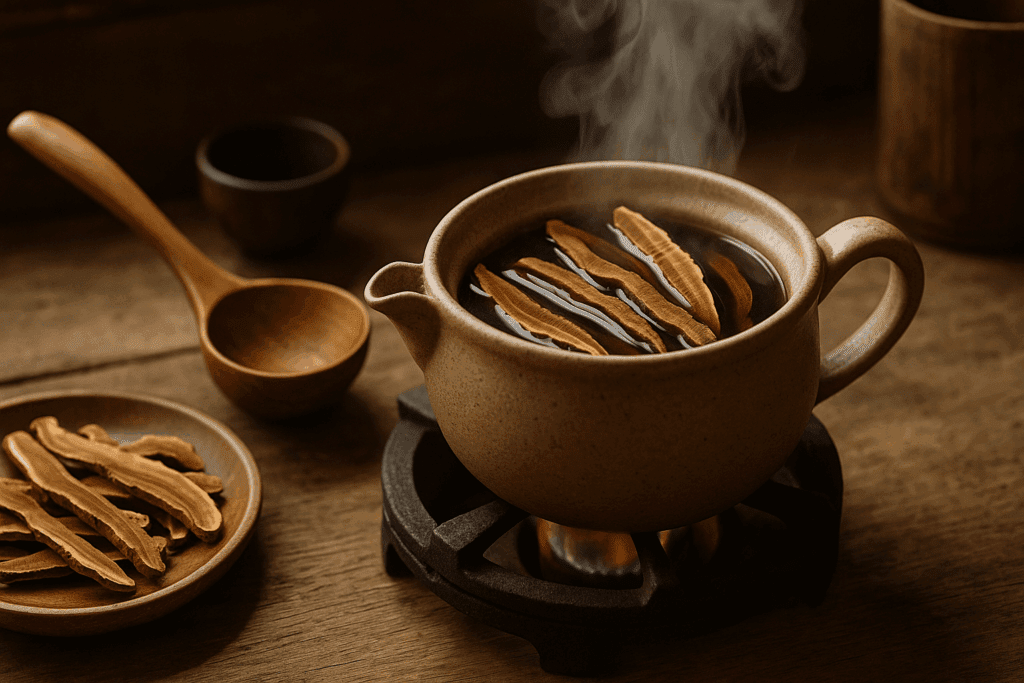 Ceramic pot simmering sliced mushrooms over a flame with steam rising during reishi tea preparation in a rustic kitchen.