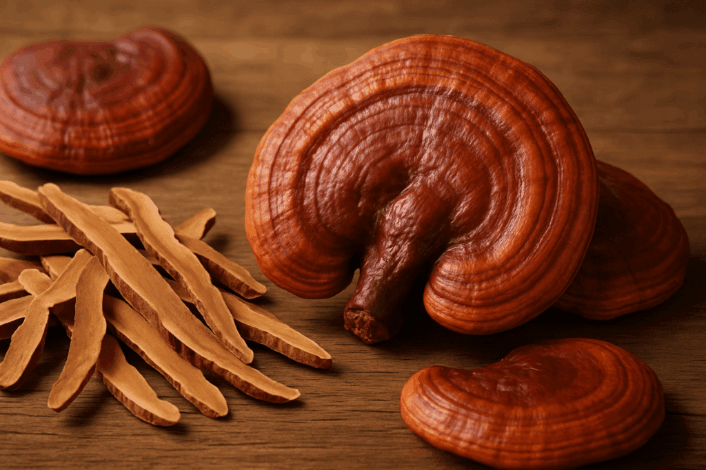 Fresh and dried reishi mushrooms on a wooden table, ideal for traditional reishi tea preparation.