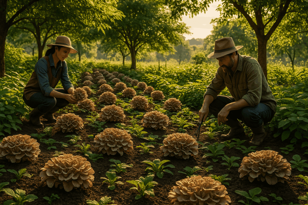 Farmers harvesting shade-grown maitake mushrooms on a sustainable farm with rich soil and diverse greenery, highlighting maitake health benefits.