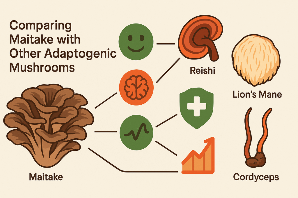 Colorful infographic illustrating maitake health benefits compared to reishi, lion’s mane, and cordyceps mushrooms through symbolic icons for stress relief, cognition, immunity, and metabolism.