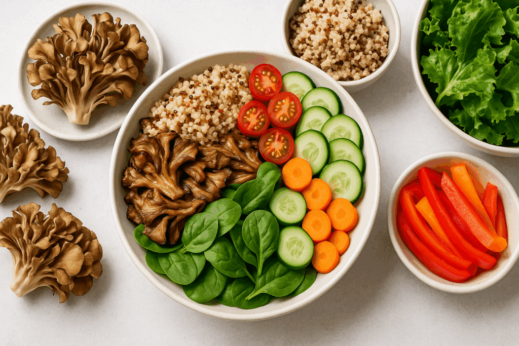 Healthy meal featuring maitake mushrooms, quinoa, spinach, and fresh vegetables showcasing maitake health benefits