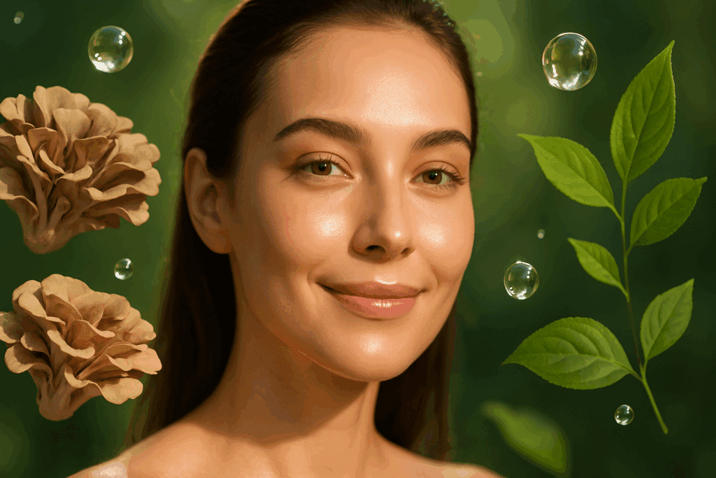 Young woman with radiant skin surrounded by maitake mushrooms, water droplets, and green leaves, symbolizing maitake health benefits for glowing skin.