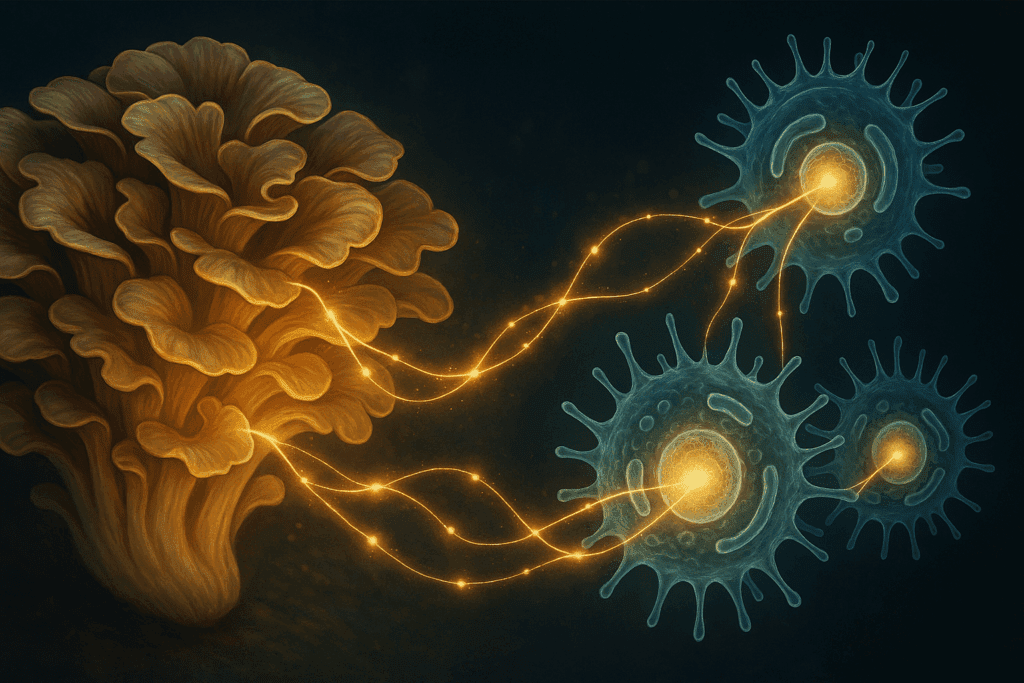 Glowing beta-glucans from a Maitake mushroom enhancing human immune cells against a cosmic background, illustrating maitake health benefits.