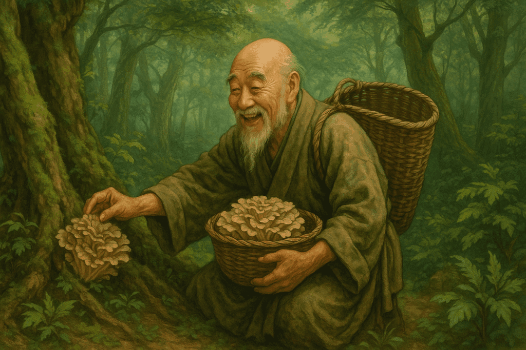 Joyful monk gathering maitake mushrooms in a lush ancient forest, symbolizing traditional knowledge of maitake health benefits.