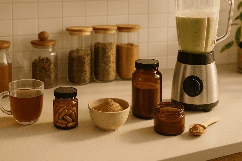 Morning kitchen scene with enriching foods like mushroom powders, herbal supplements, and reishi tea beside a green smoothie in preparation.