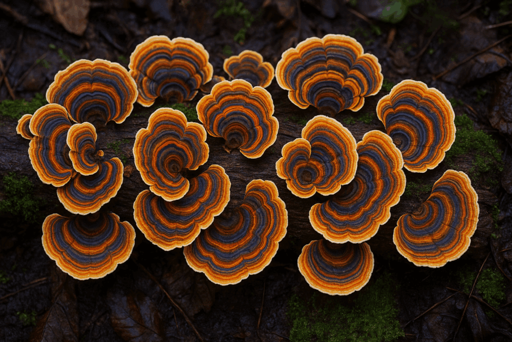 Turkey tail mushrooms with vibrant concentric rings growing on a mossy log in a damp forest—popular in enriching foods for gut health support.