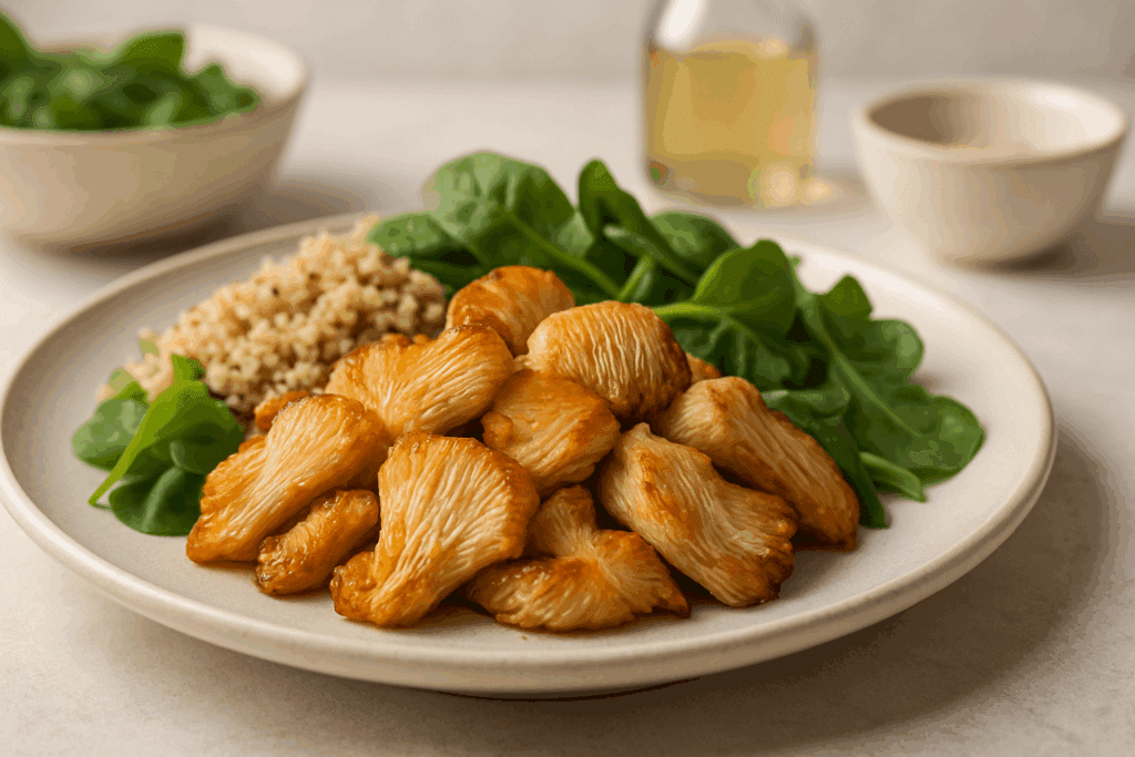 Sautéed lion’s mane mushrooms with quinoa and leafy greens served on a ceramic plate, representing enriching foods for brain health.