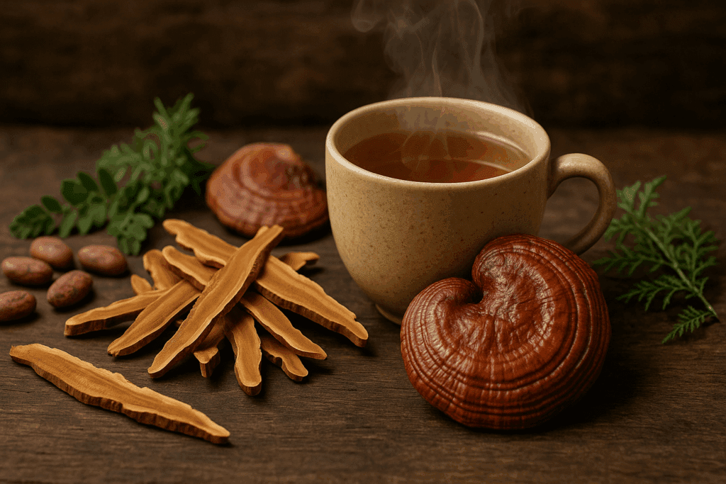 Fresh and dried reishi mushrooms beside a steaming herbal tea cup, surrounded by cacao beans and herbs, representing enriching foods for stress relief.
