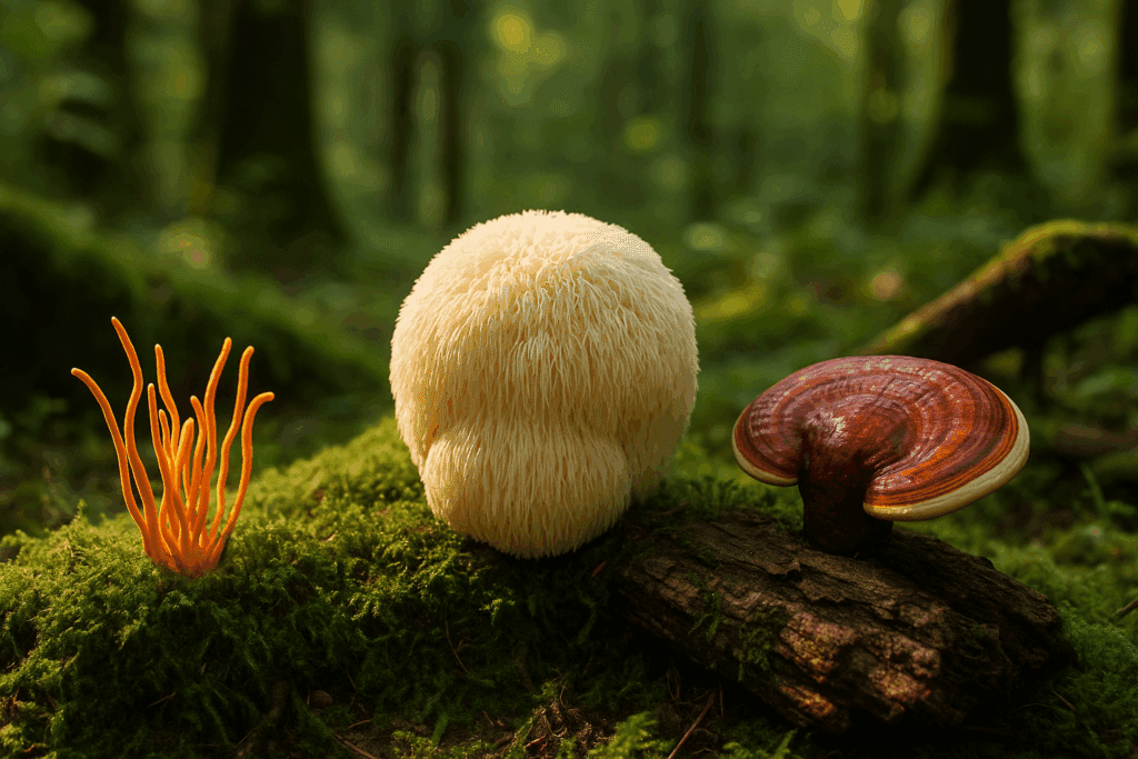 Wild Cordyceps, Lion’s Mane, and Reishi mushrooms growing on a forest floor, illustrating what is a good replacement for coffee naturally.