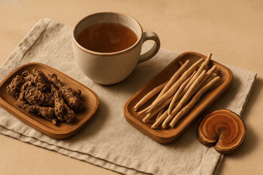 Adaptogenic herbs including Rhodiola, Ashwagandha, and Reishi with tea on a linen tray—what is a good replacement for coffee