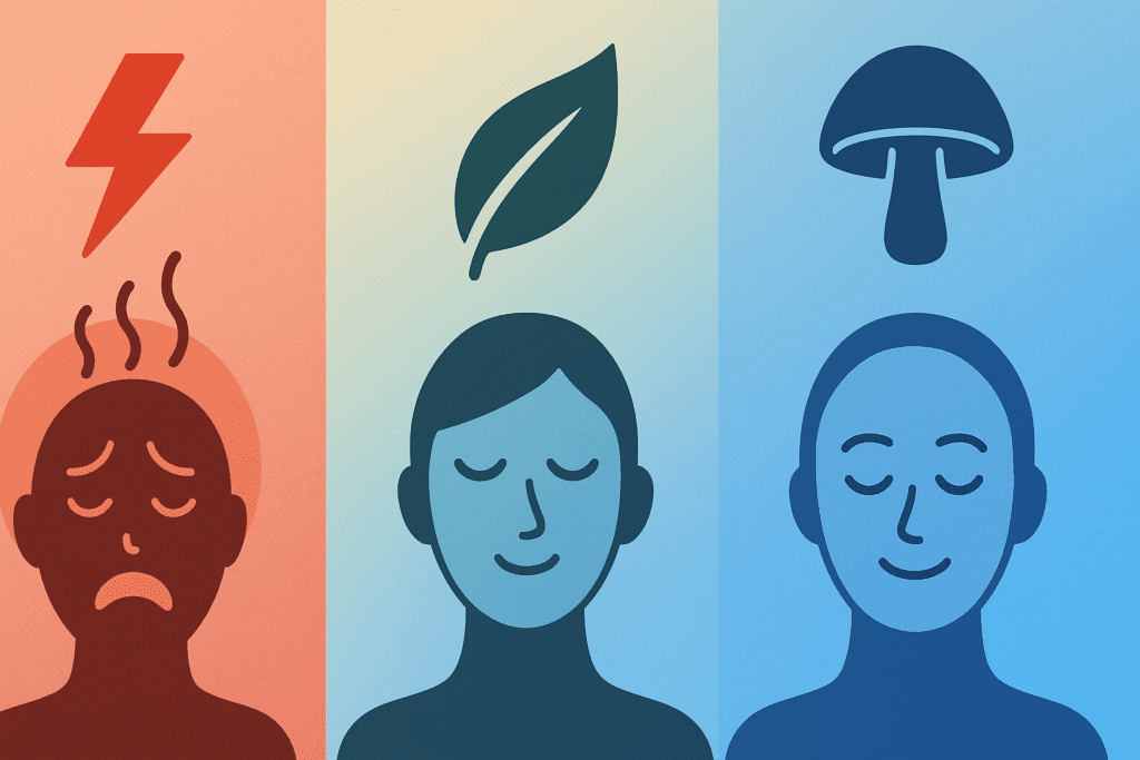 Wellness infographic comparing effects of caffeine, herbal drinks, and adaptogens to answer what is a good replacement for coffee