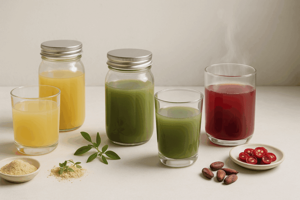Modern countertop with functional elixirs and herbs like tulsi, cacao, and maca—ideal for those asking what is a good replacement for coffee.