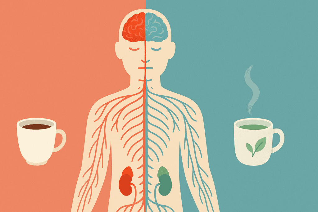 Split-screen illustration of the human nervous system showing overstimulation from coffee versus calm energy from herbal tea, visually exploring what is a good replacement for coffee.