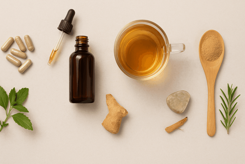 Natural supplement forms—capsules, tincture, tea, and powder—displayed with herbs and minerals for the best otc for energy