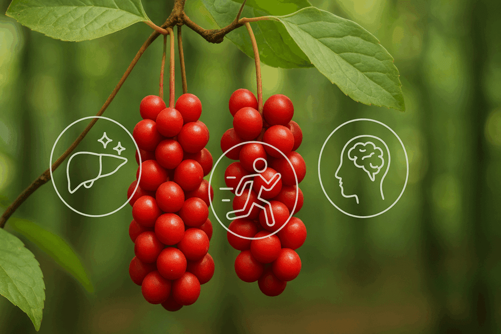 Schisandra berries on the vine in forest background symbolizing best otc for energy, liver health, and mental clarity.
