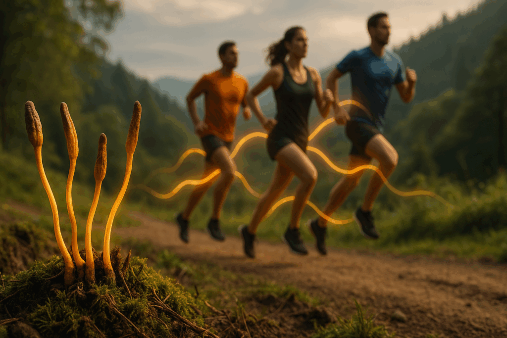 Cordyceps mushrooms growing on a forest trail with runners energized by glowing ATP lines, symbolizing the best otc for energy.