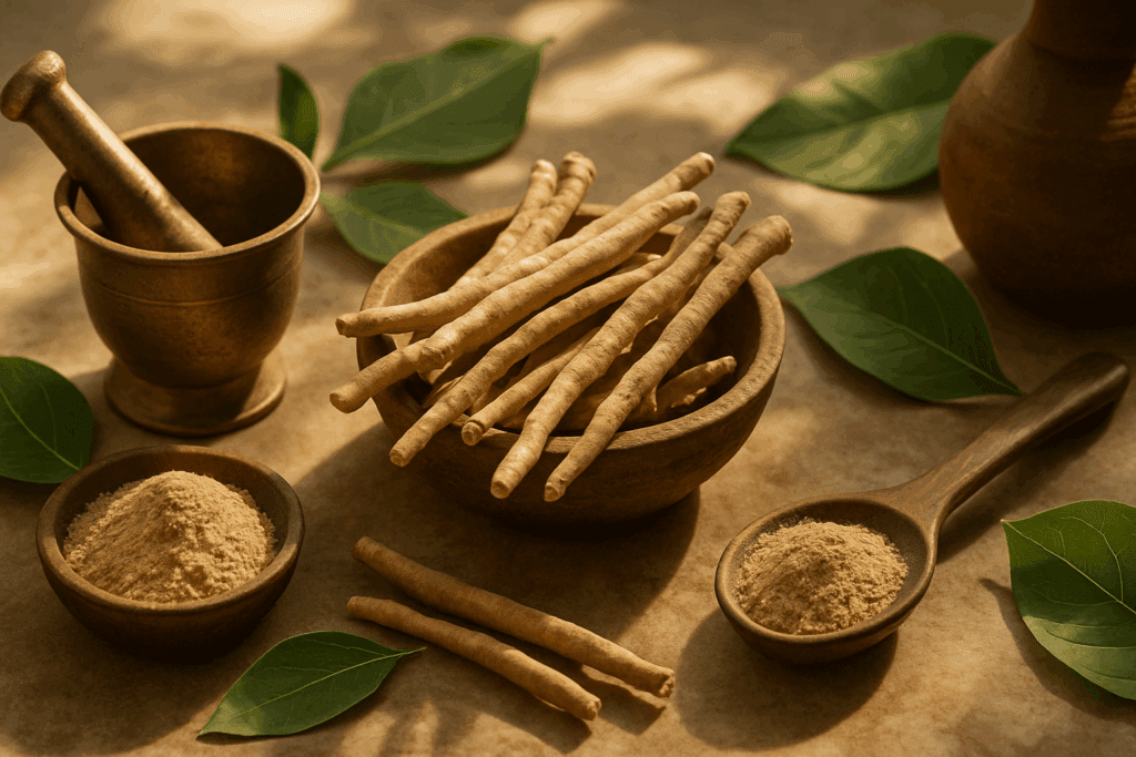Ashwagandha roots with Ayurvedic tools and herbs on a sunlit surface, symbolizing the best otc for energy through natural stress relief.