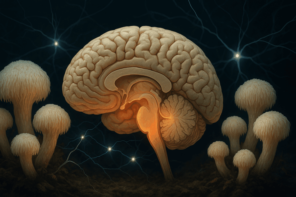 Cross-section of a human brain highlighting the hippocampus, surrounded by glowing Lion’s Mane focus mushroom and neural pathways to depict memory retention.
