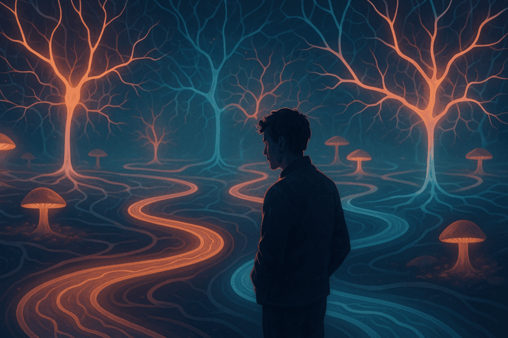 Person navigating glowing neural pathways in a dreamlike forest with subtle focus mushroom elements symbolizing cognitive enhancement
