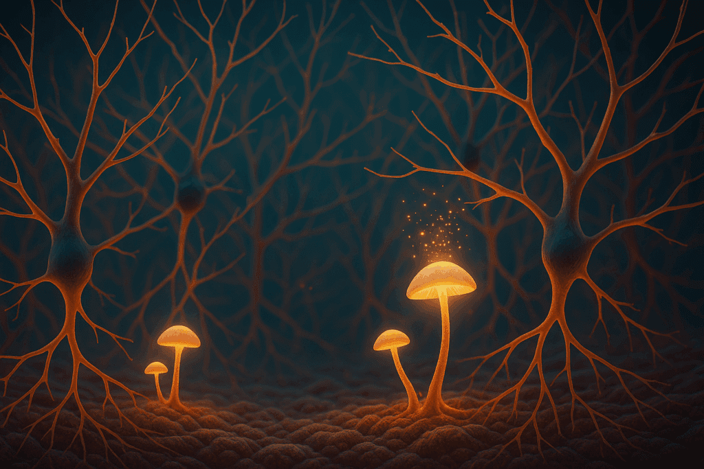 Neurons branching in the hippocampus with glowing synapses and a focus mushroom releasing light particles symbolizing neurogenesis