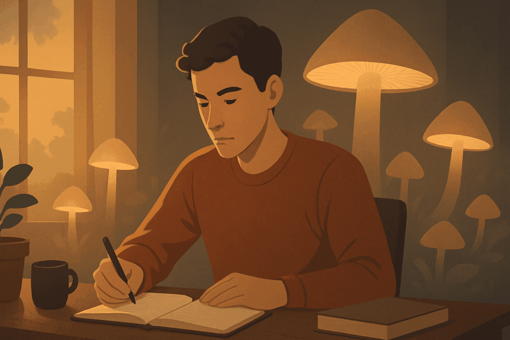 Man studying at a wooden desk surrounded by glowing focus mushroom illustrations in a calm, natural workspace
