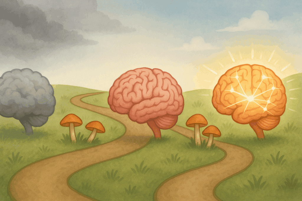 Timeline of a brain improving from foggy to vibrant clarity along a path marked with focus mushroom illustrations