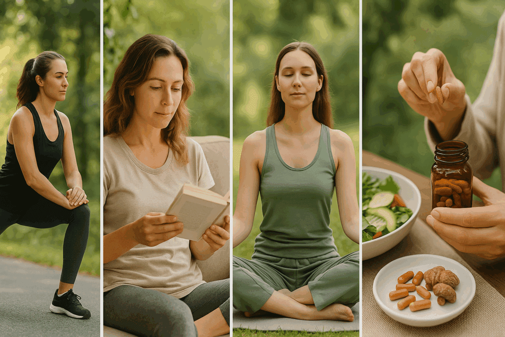 Collage showing a holistic lifestyle with exercise, meditation, healthy eating, and supplementing with a focus mushroom in a serene natural setting