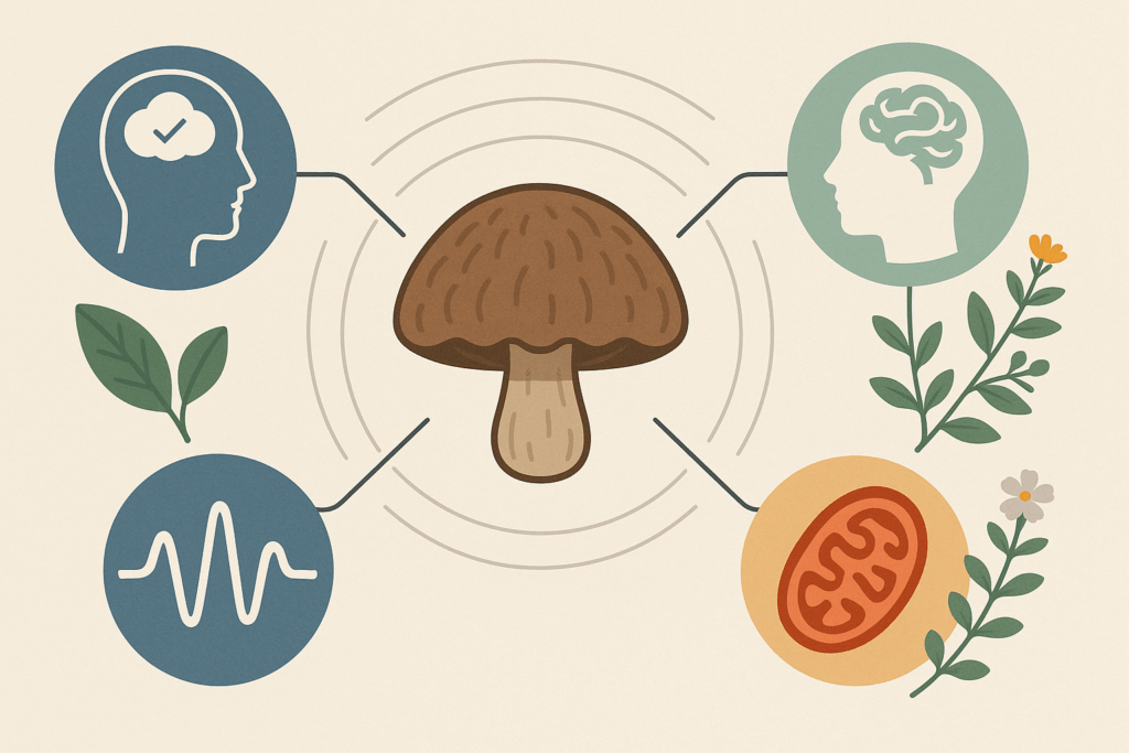 Focus mushroom at the center of an infographic with icons showing its synergy with L-theanine, Rhodiola rosea, and Bacopa monnieri.